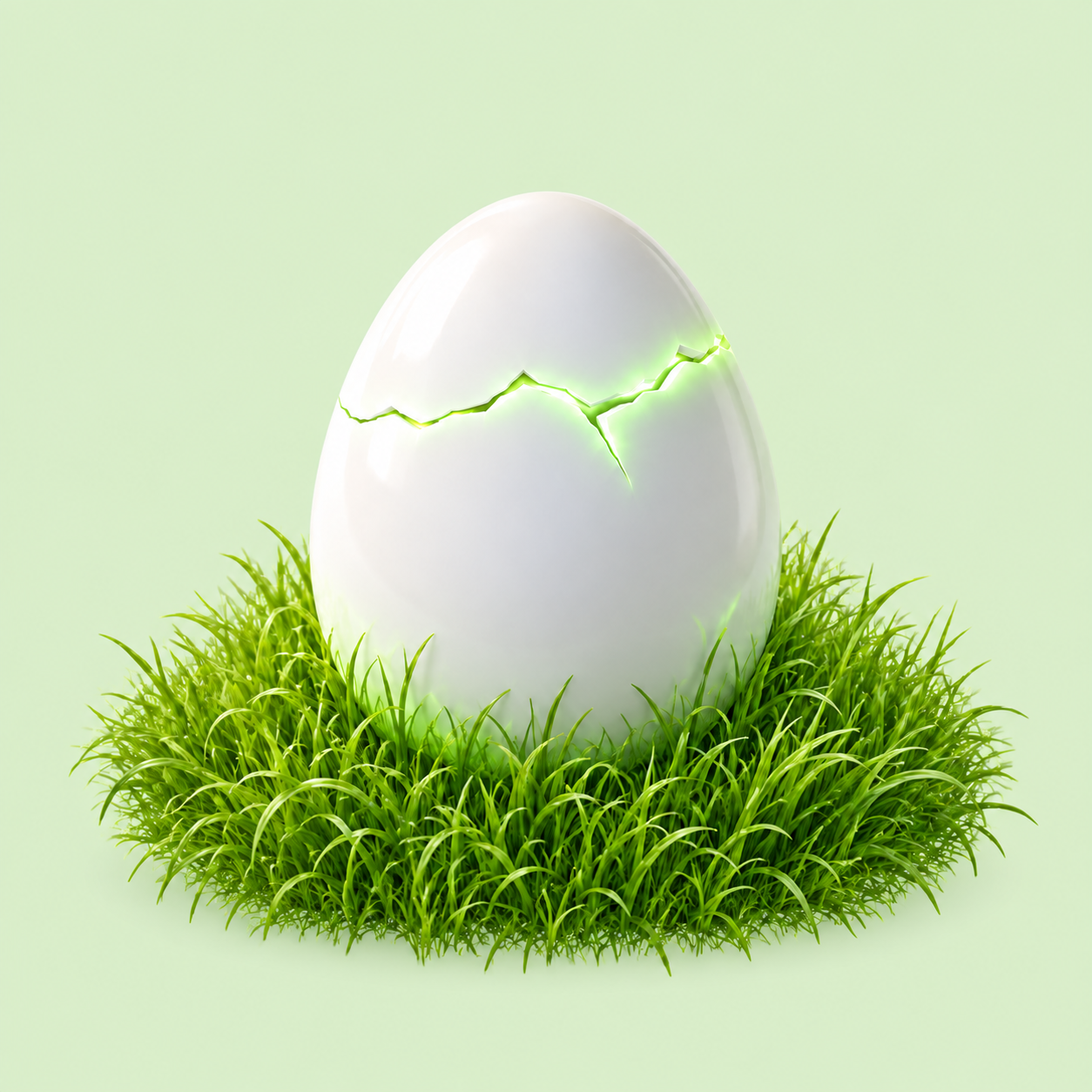 A porcelain egg glowing green, nestled in a tuft of fresh grass