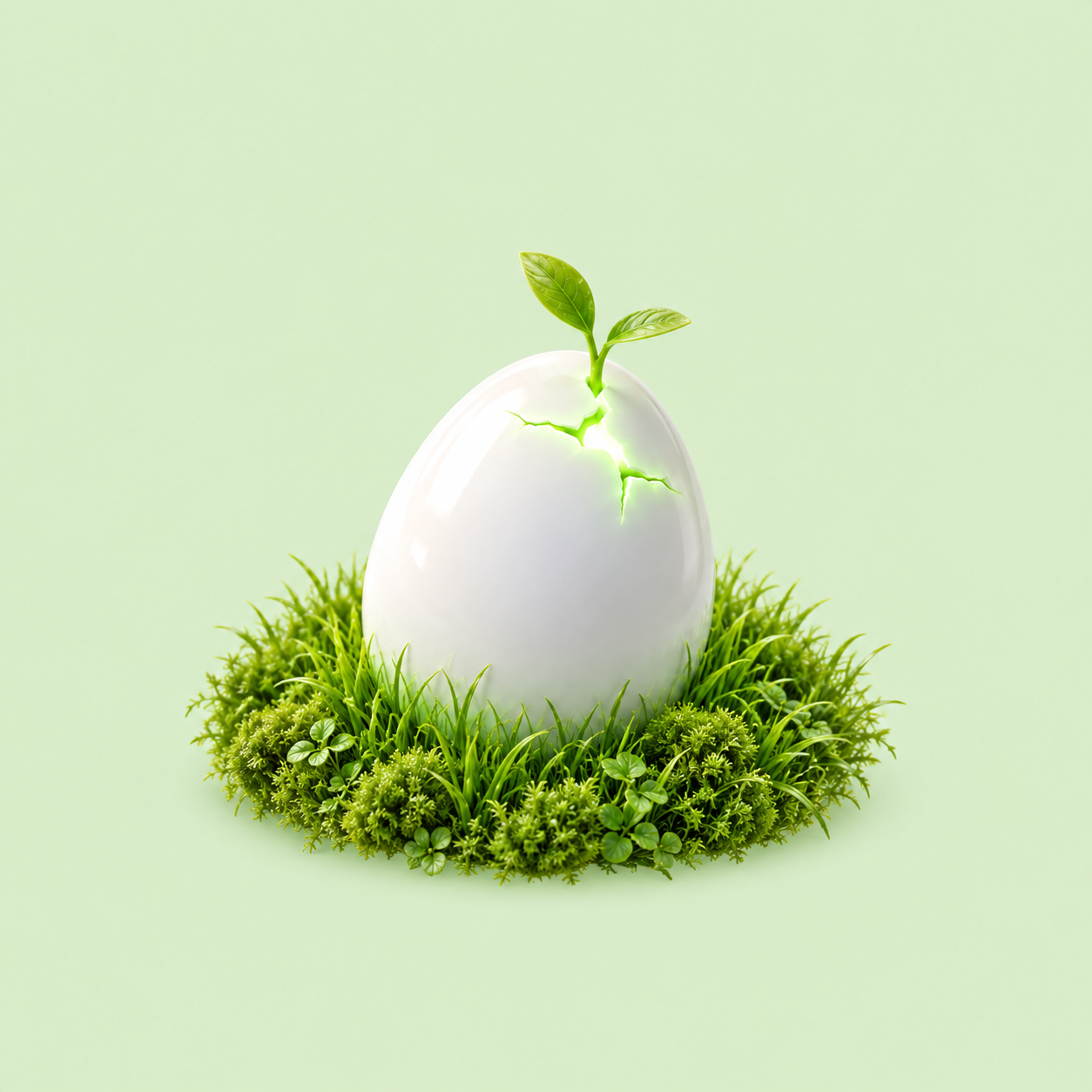 A young HATCH egg with a two-leaf sprout, nestled in moss