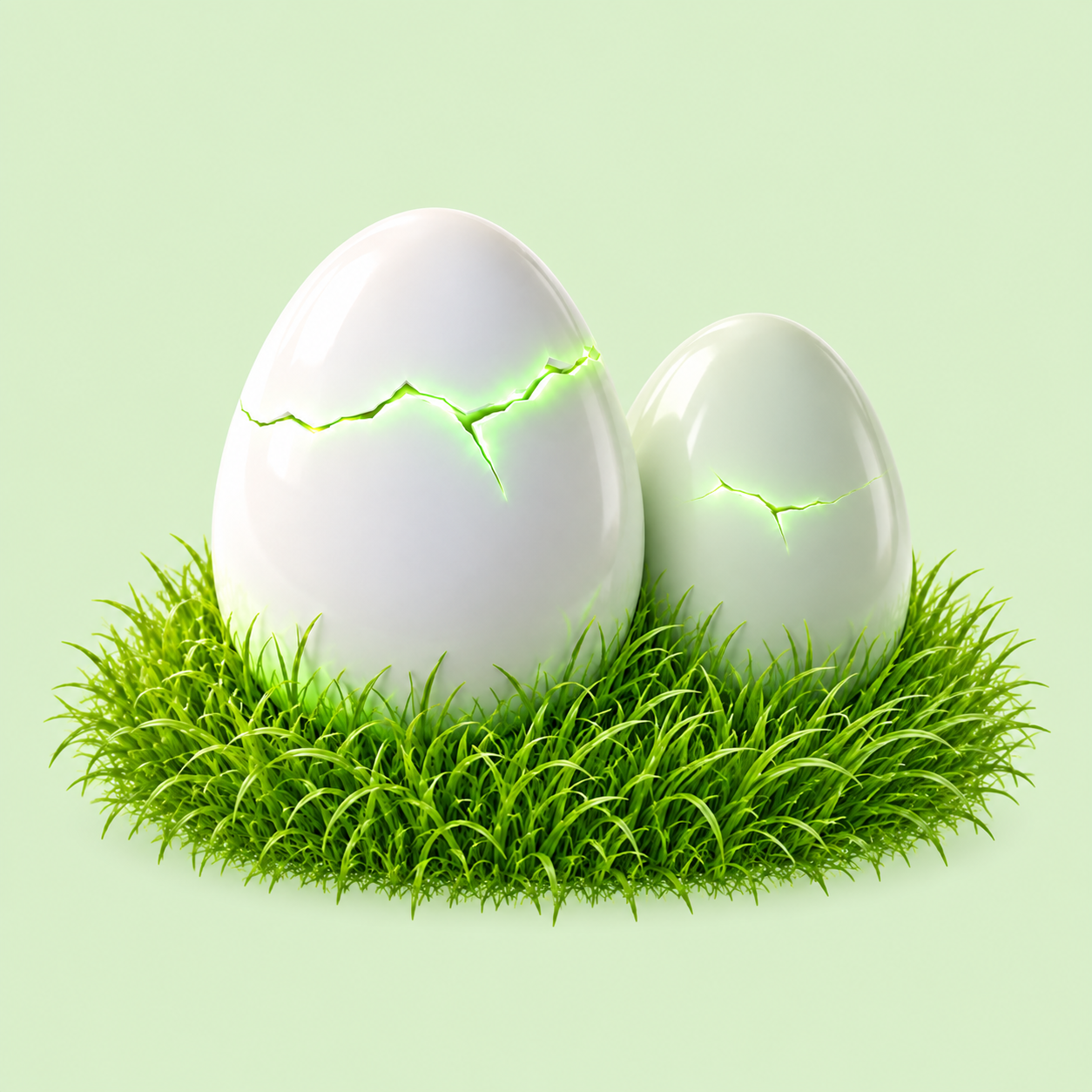 Two HATCH eggs with different stages of green cracks, together in grass